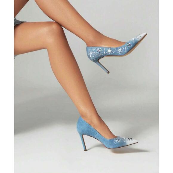 NEW Blue Jean Sparkly Rhinestone Star Embellished Denim Stiletto Heels - Picture 2 of 14